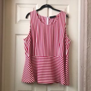 Magenta and white striped peplum blouse.